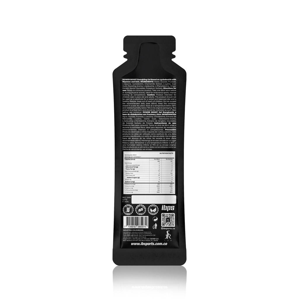 POWER BOOST IBSPORTS GEL EAA AMINOÁCIDOS ESENCIALES x 65 ML SABOR LIMÓN