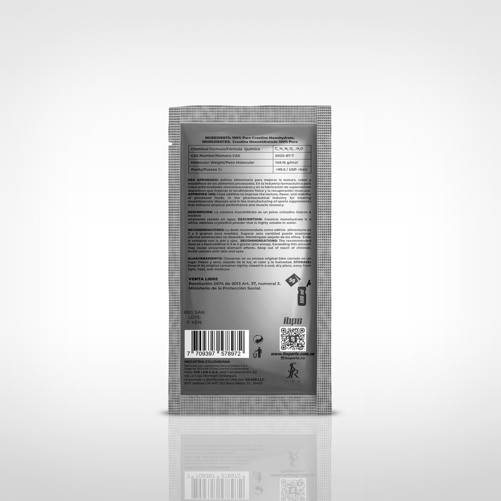 CREATINA  MONOHIDRATADA IBSPORTS 100% PURA SACHET 5  G SIN SABOR