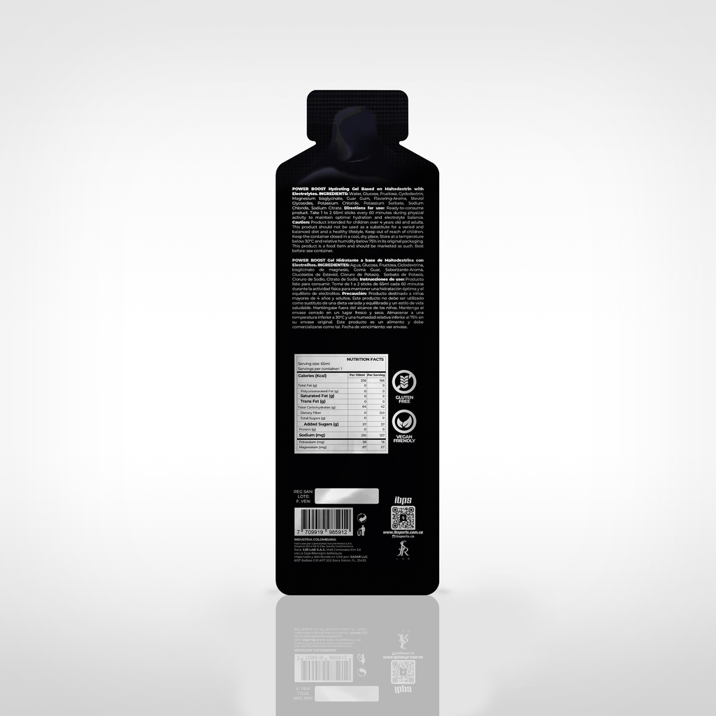 POWER BOOST IBSPORTS GEL ELECTROLITOS x 65 ML SABOR RASBERRY