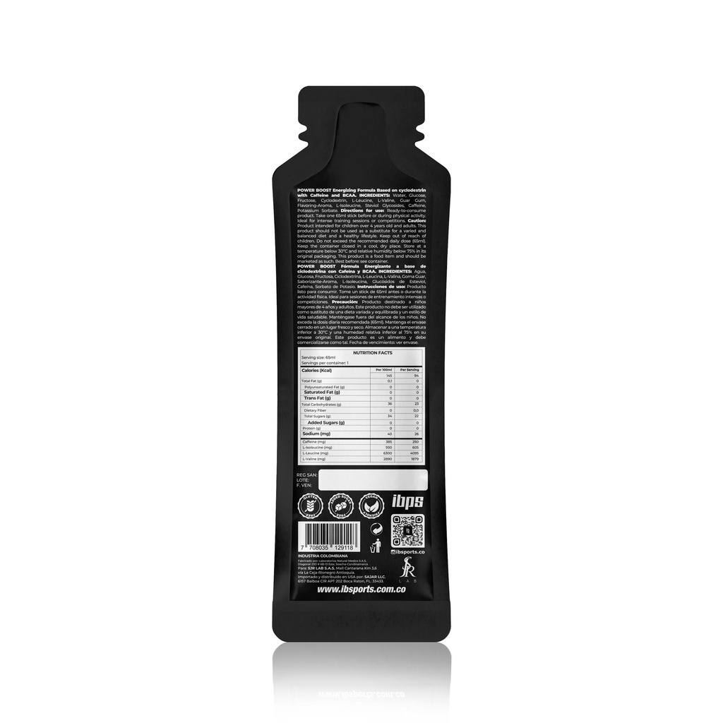 POWER BOOST IBSPORTS GEL CAFEINA 250 MG + BCAA x 65 ML SABOR COLA